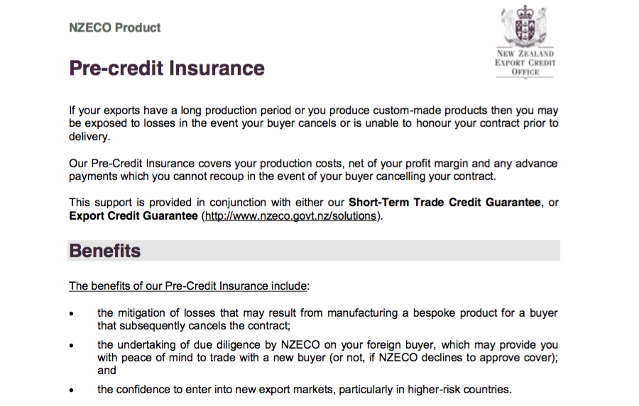 NZCECO Product Description Pre-Credit Insurance