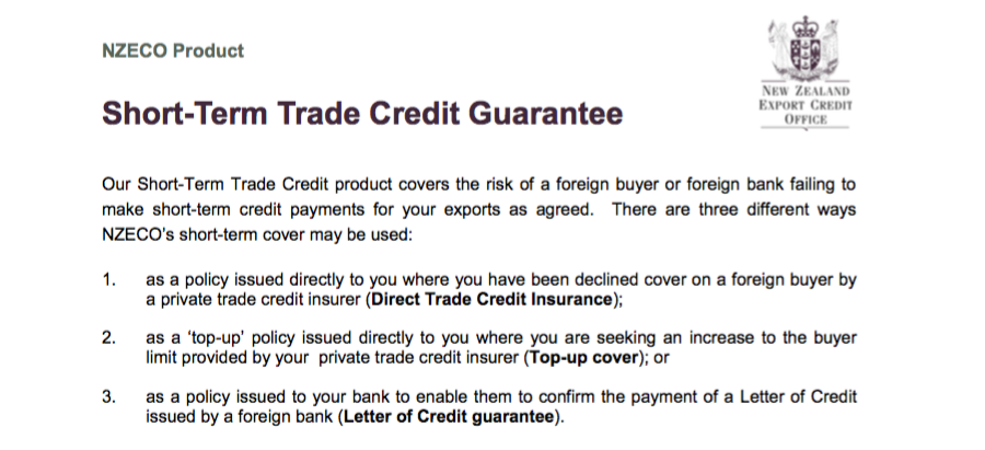 NZECO Product Description Short-Term Trade Credit Guarantee